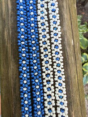 Vintage Seed Bead Flower Necklace Set Blue White Matching Pair